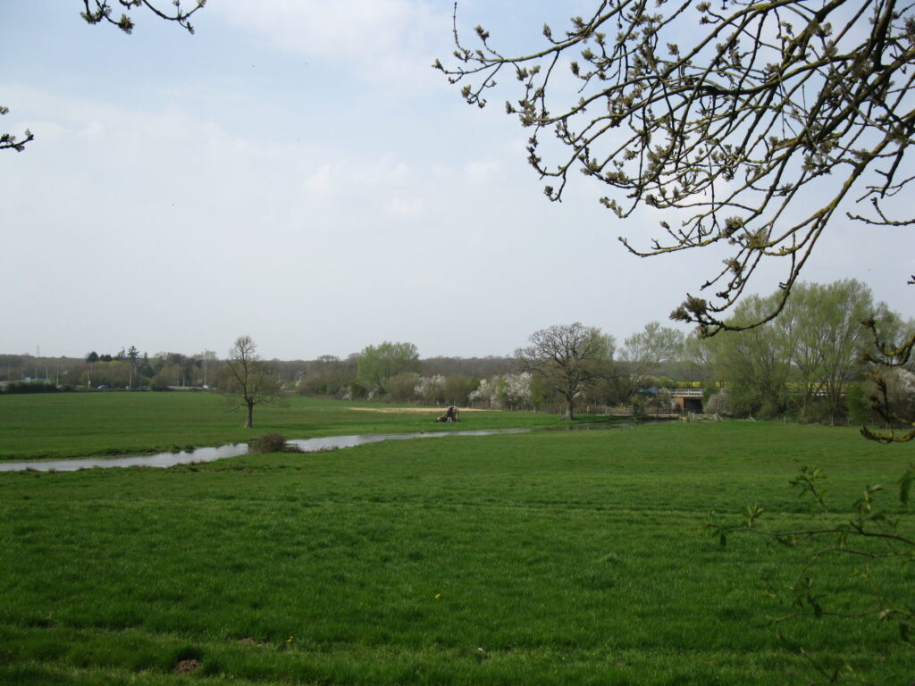 Green water meadows of the Whitewater valley with the river winding through open pasture