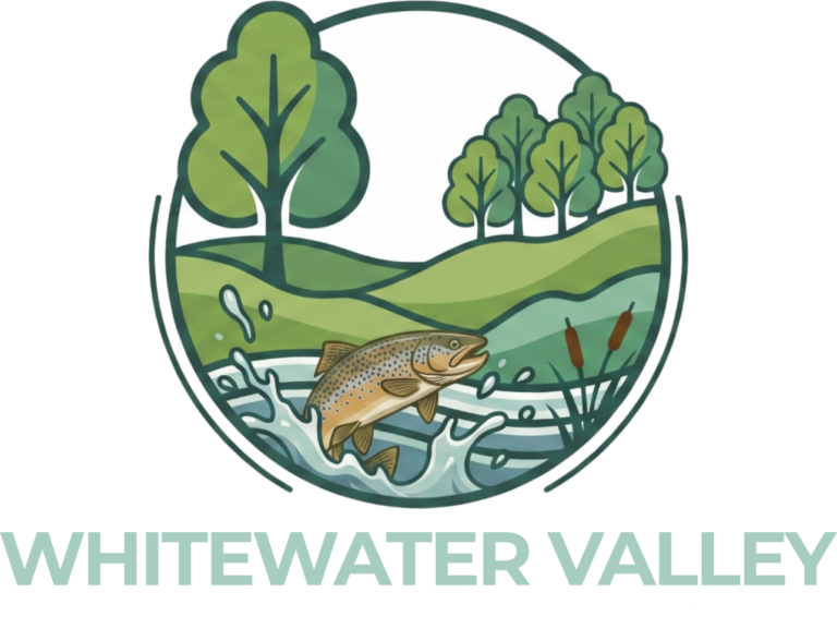 Whitewater Valley Conservation Society logo, a brown trout leaping from the river in a wooded valley